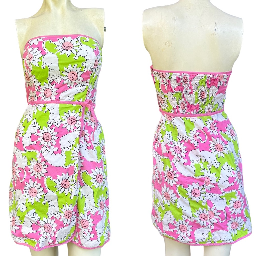Vintage Y2K Lilly Pulitzer Pink & Green Leopard Sun Themed Strapless Mini Dress